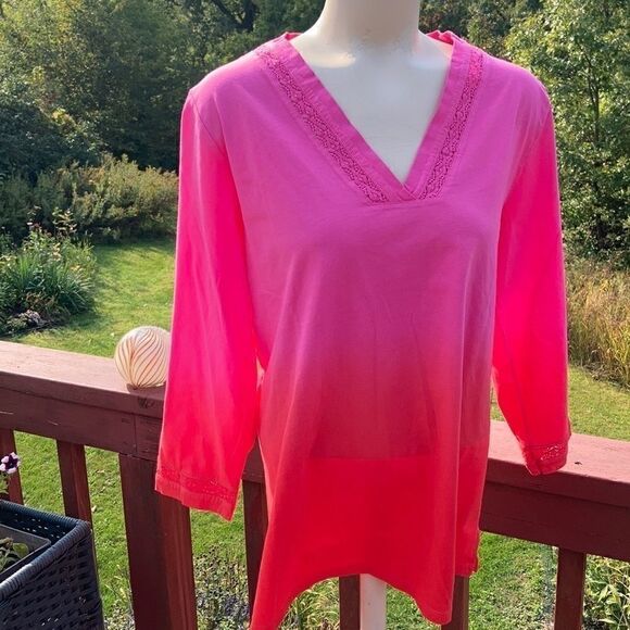 Land’s End 3/4 sleeve V neck top Tangerine ombré pink cotton Medium Petite - Picture 4 of 11